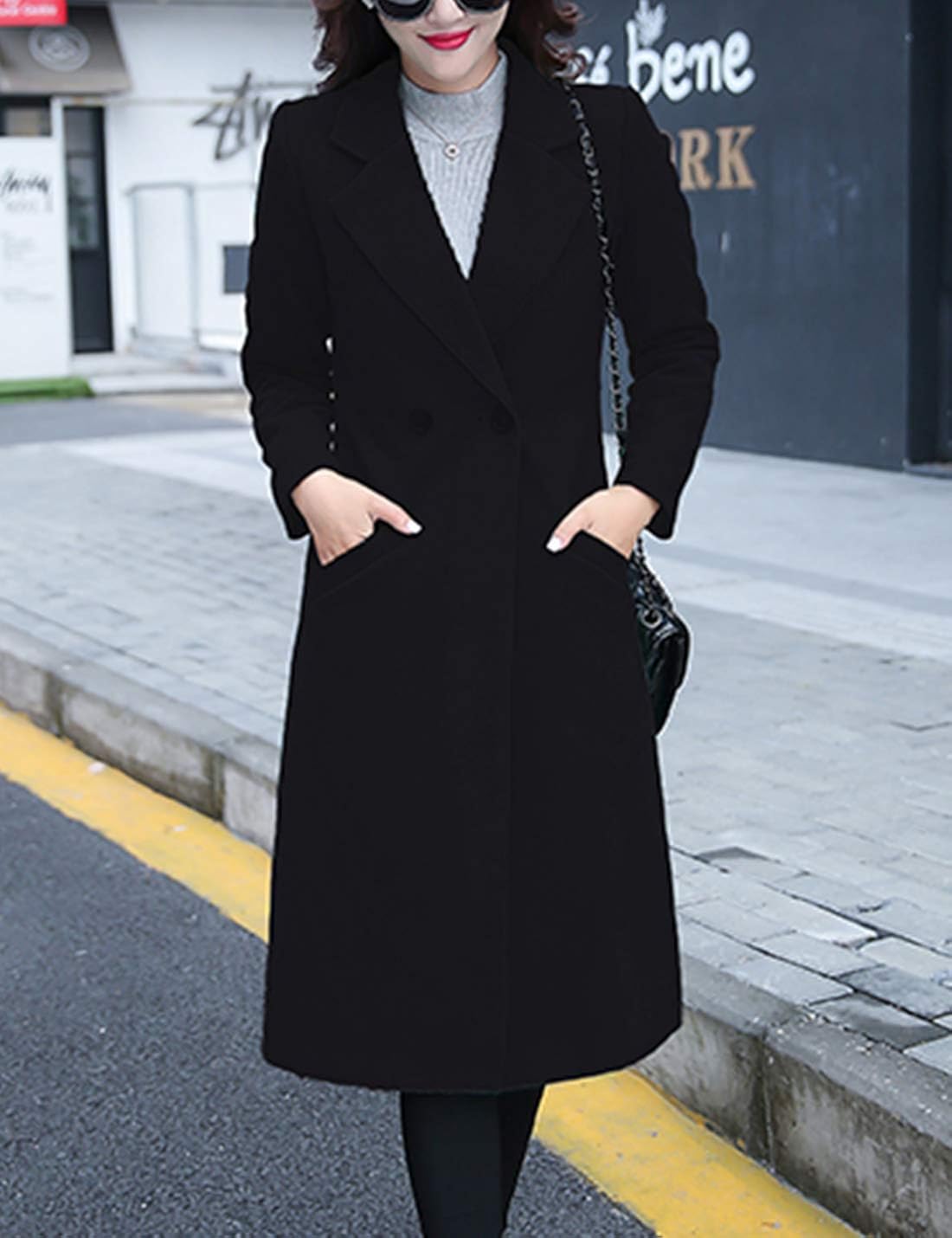 Tanming Women's Notch Lapel Double Breasted Wool Blend Mid Long Pea Trench Coat: Clothing