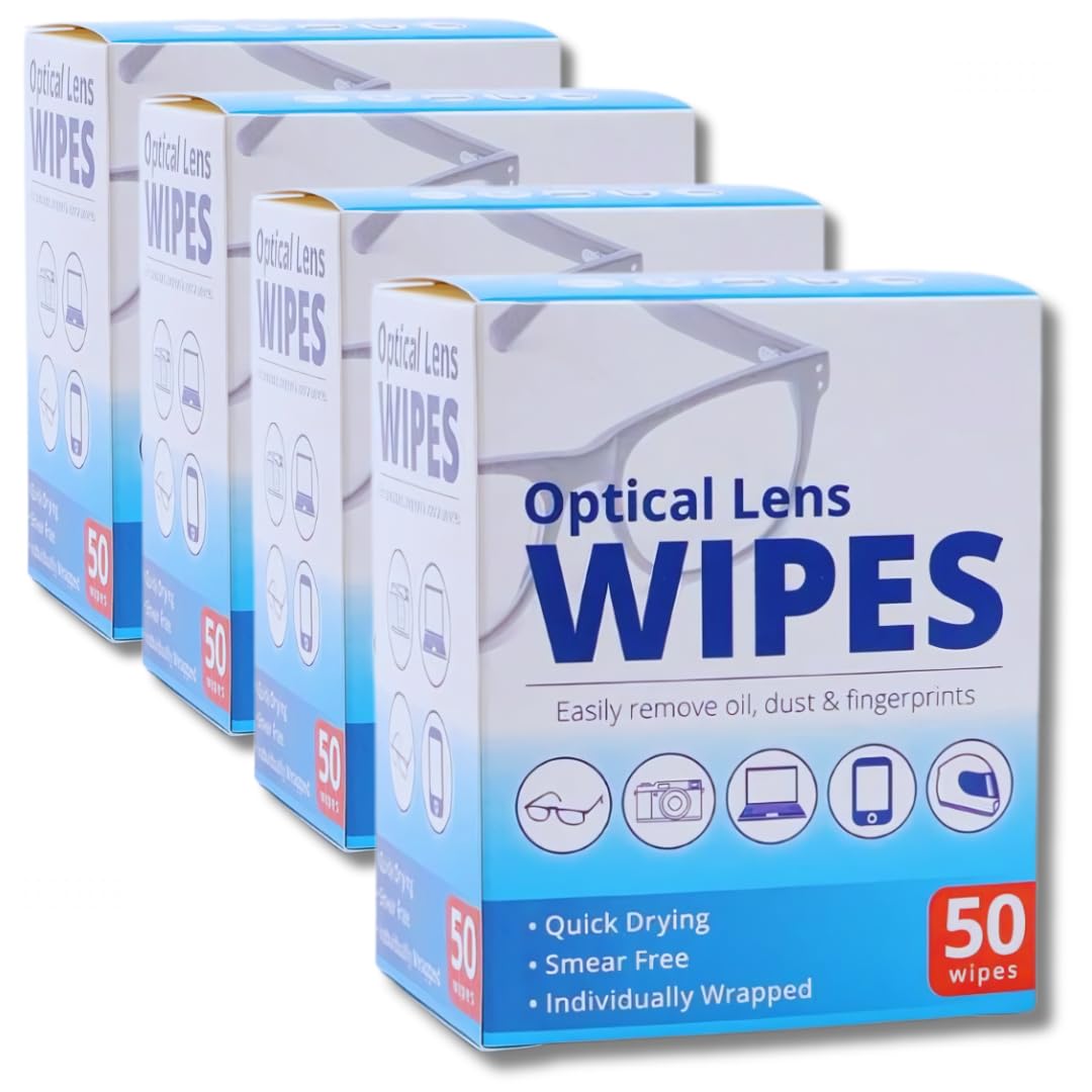 Optical Lens Wipes Bundle - 4 Boxes of 50 Pre-Moistened Optical Lens Wipes (200 Total) - Streak-Free, Quick-Drying, and Anti-Static Cleaning Wipes for Glasses, Cameras, and Screens by Kevagh