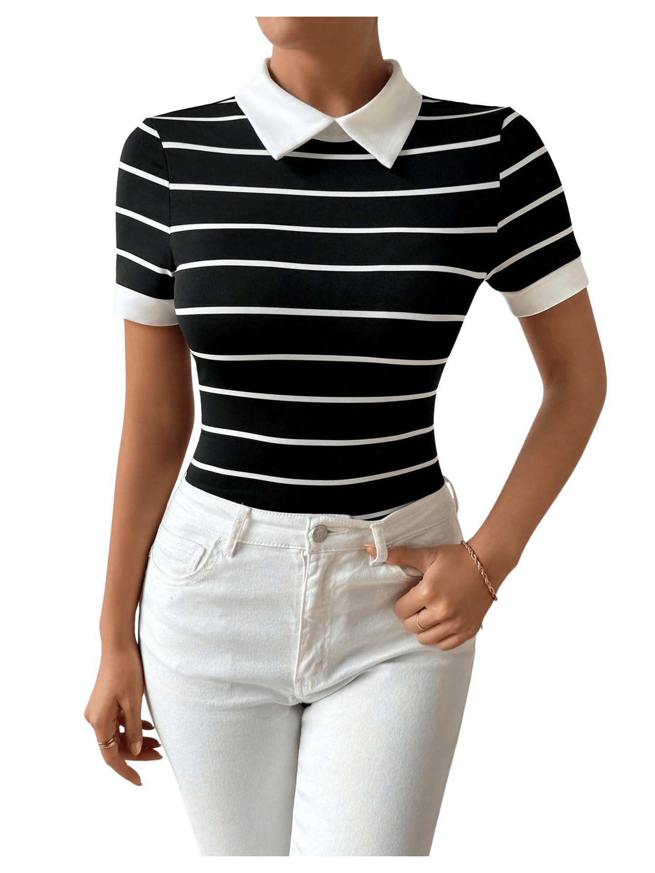 Photo 1 of RoseSeek Women's Striped Collared T Shirts Short Sleeve Slim Fit Tee Work Office Tops Black and White Medium