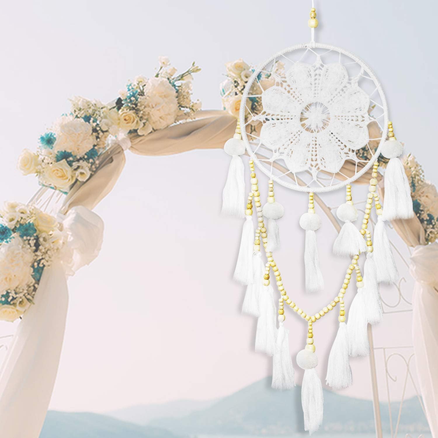 SIKEMAY White Tassel Dream Catcher Large Handmade Dream Catcher Traditional Boho Style Feather Wall Hanging Wedding Décor Craft