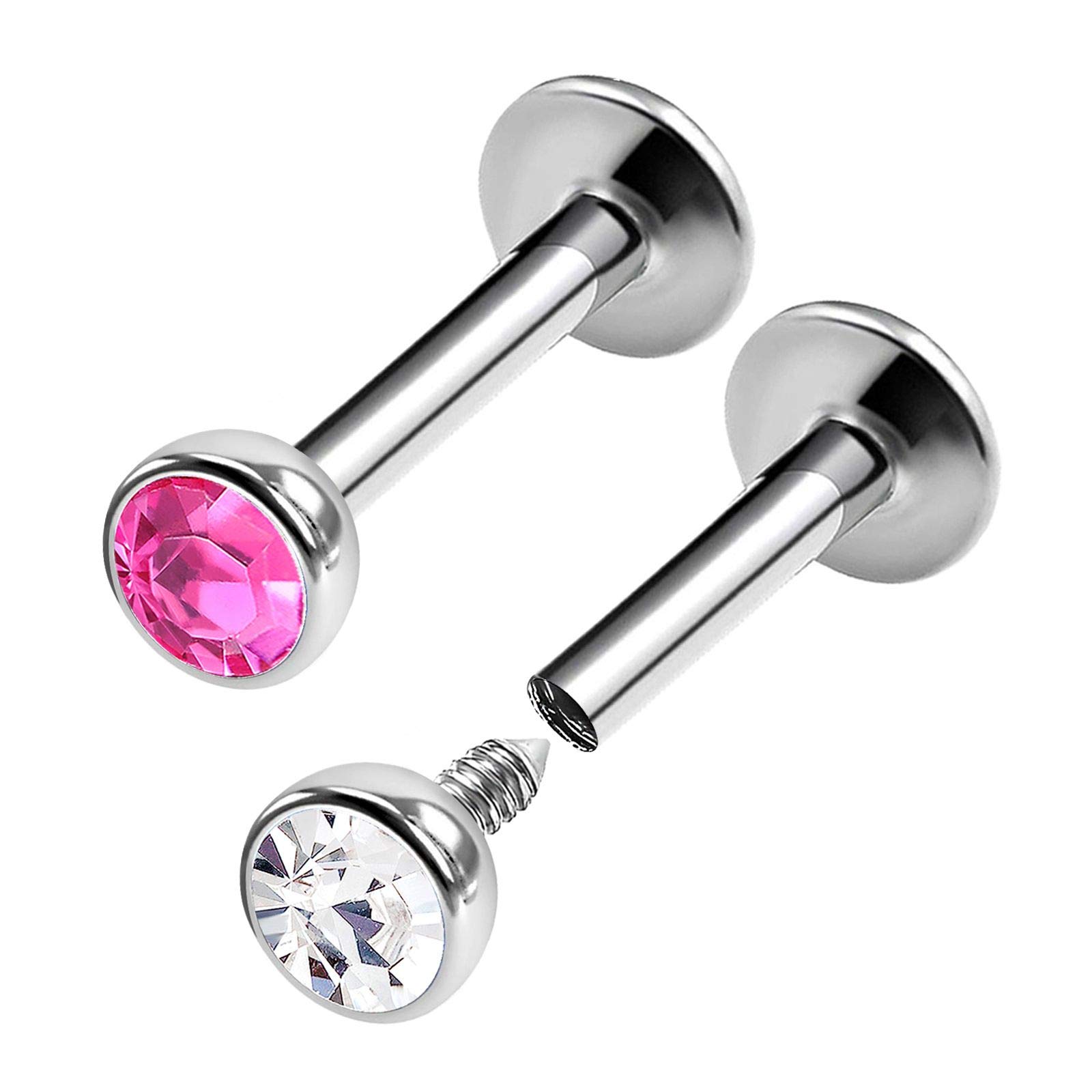KJM FASHION 2PCS Steel Internally Threaded Labret Studs 16g 1/4 6mm 3mm Rose Crystal Snake Bite Earrings Monroe Piercing Jewellery 0416