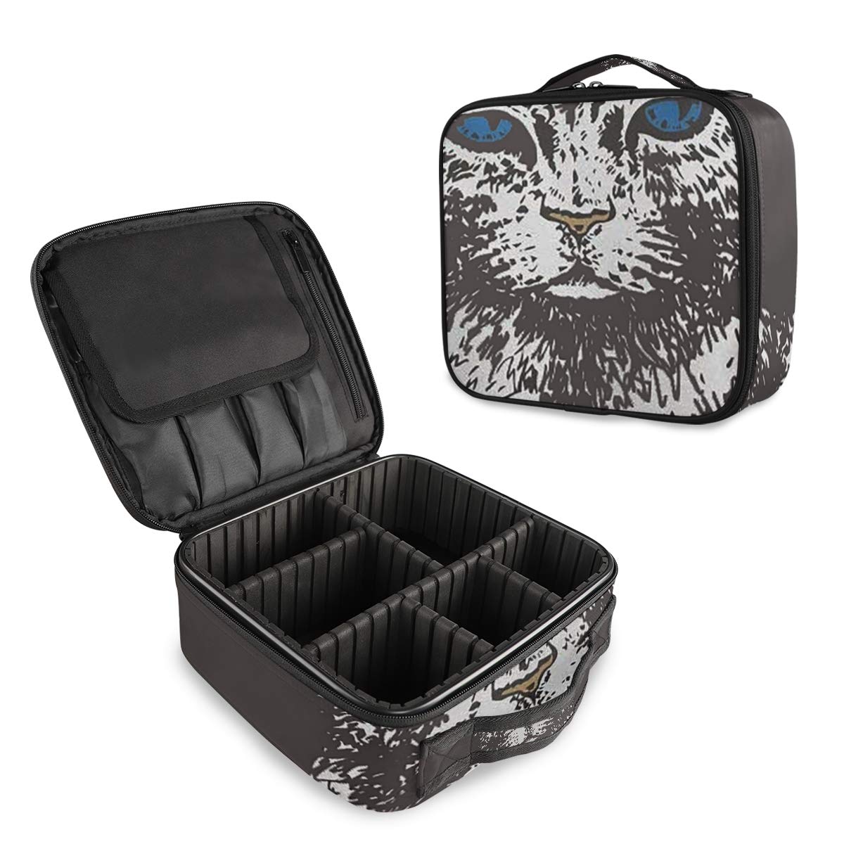 SLHFPX Blue Eyes Cat BlackTravel Makeup Case Cosmetic Bag Box Professional Train Case Large Make Up Storage Organizer with Removable Dividers & Brush Section for Women Girls Hard Shell