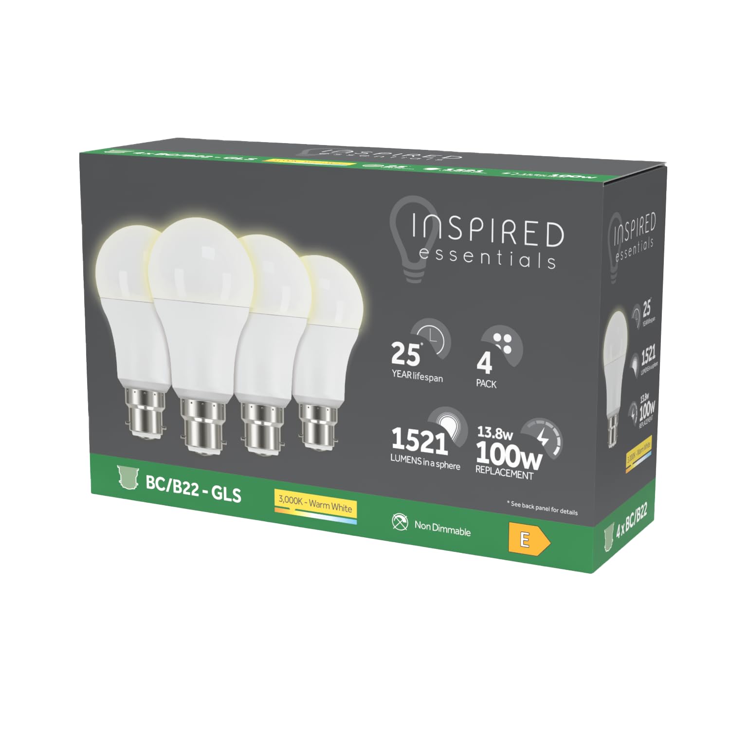 Inspired Essentials B22 Bayonet LED Bulb, Warm White 3000K, 100W 100 Watts Equivalent, 13.8W B22 GLS Bulbs, Light Bulbs, Last up to 25000 Hours, 1521 Lumen, Non-Dimmable, Pack of 4