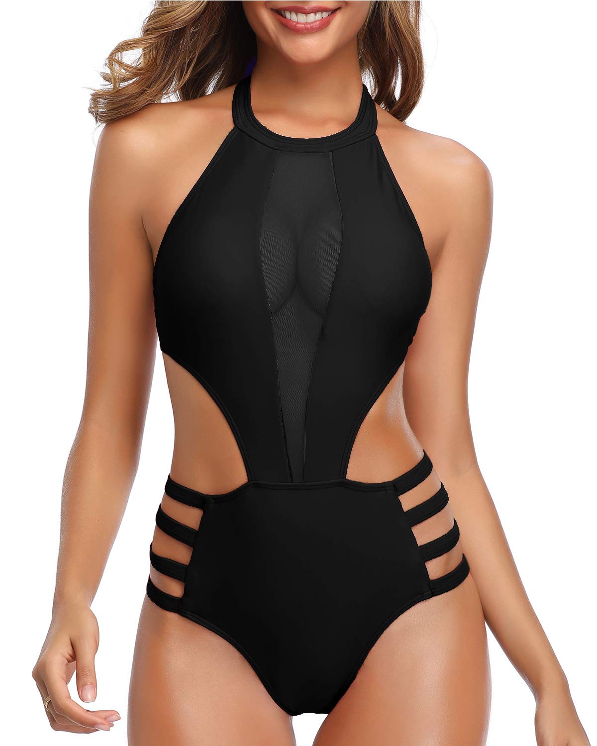 Tempt Me Women One Piece Mesh Swimsuit High Neck Halter Cutout Monokini