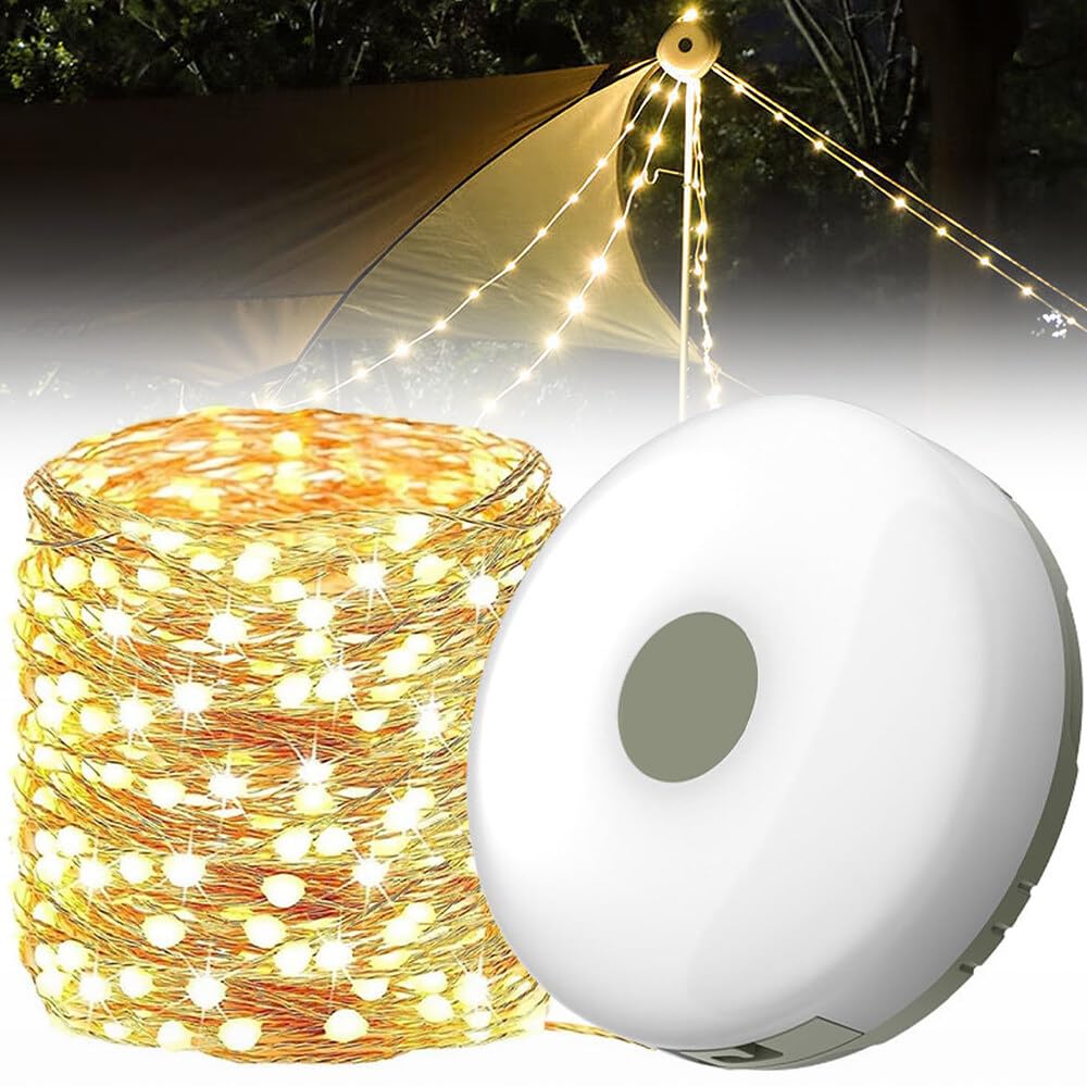 BFXMV Camping String Lights, 10M Outdoor Waterproof Portable Stowable String Light, Warmyard Lights with 5 Lighting Modes, USB Rechargeable Outdoor String Lights for Camping Trips, RV, Hiking