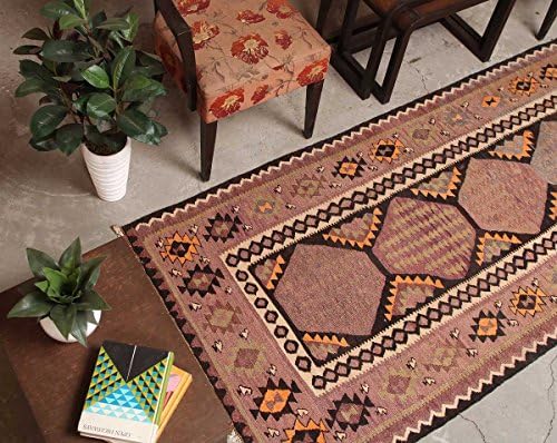 HeSamCrafts Brown and Beige Hand Knotted Vintage Antique Distressed Wool Kilim Runner Rug, Oriental Wool Geometric Traditional Oriental Living Room Kilim Runner Rug, 3'5 x 8'11, Code: 18041431