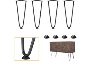 Genius Iron Hairpin Furniture Legs 10 inch, 3/8" Solid Metal Steel Firm Welding Home DIY for Couch Dresser Cabinet Shelf TV Stand with Rubber Floor Protectors, Black, 4 PCS