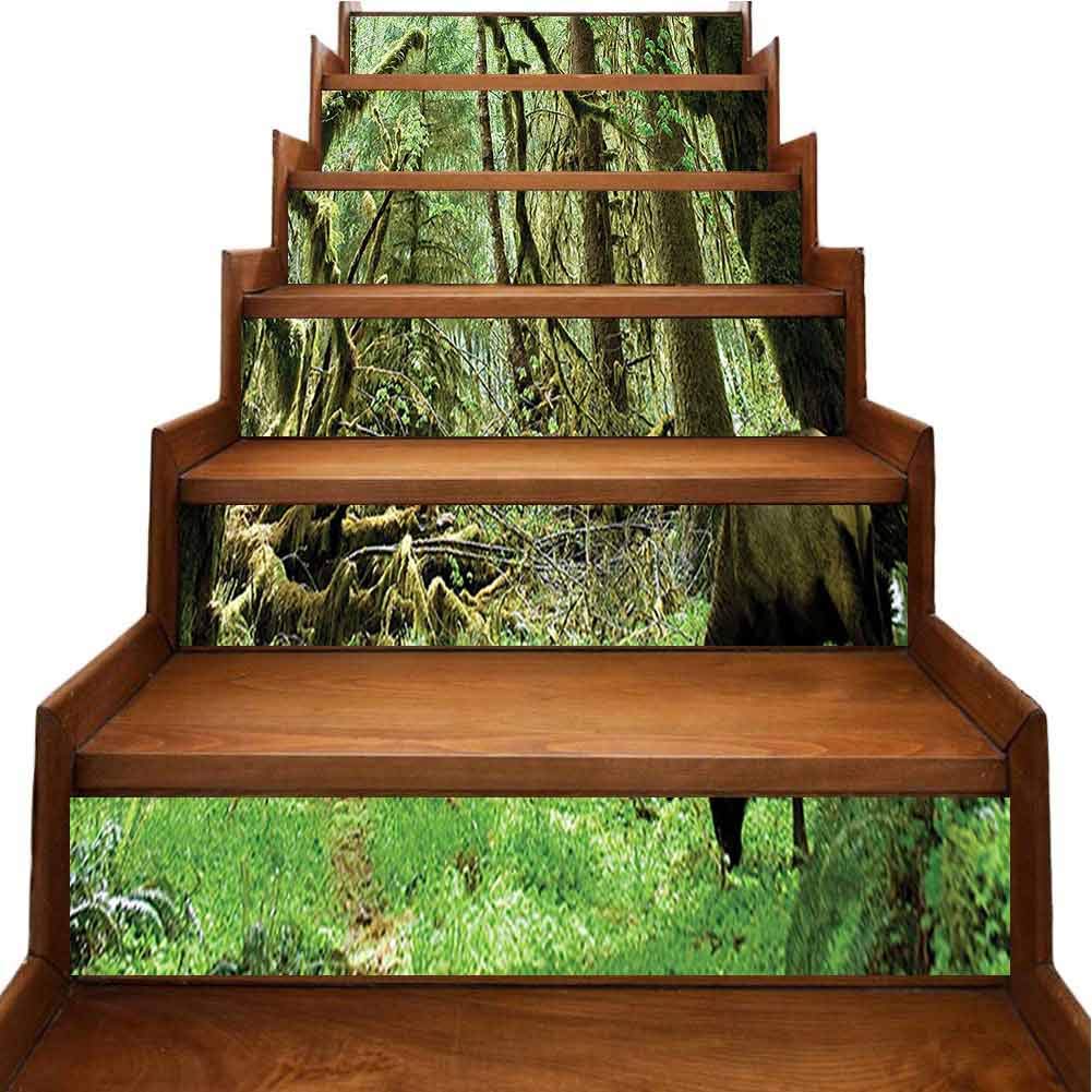 Staircase Stickers Roosevelt Elk in Rainforest Wildlife National Park Washington Antlers Theme Green Brown Stair Riser backsplash Waterproof Home Decor, W39.3 x H7 inch