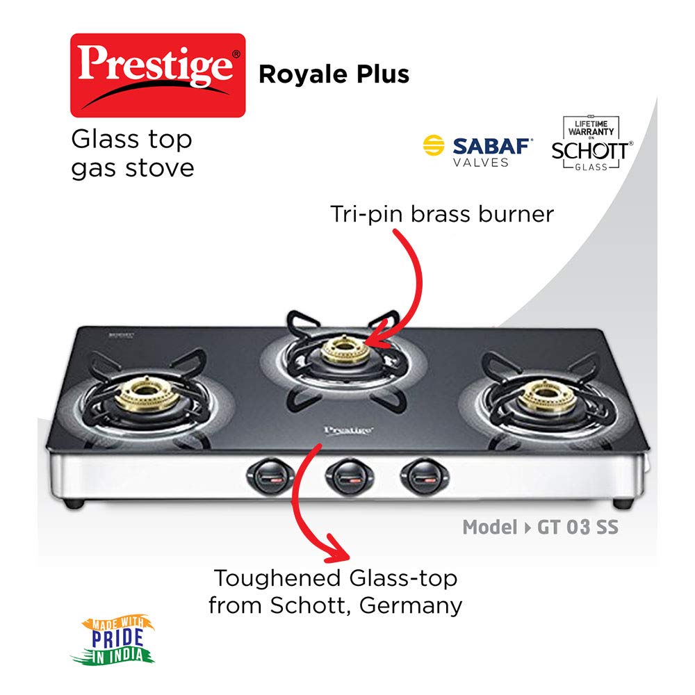 prestige gas stove glass top 3 burner gt 03l ss