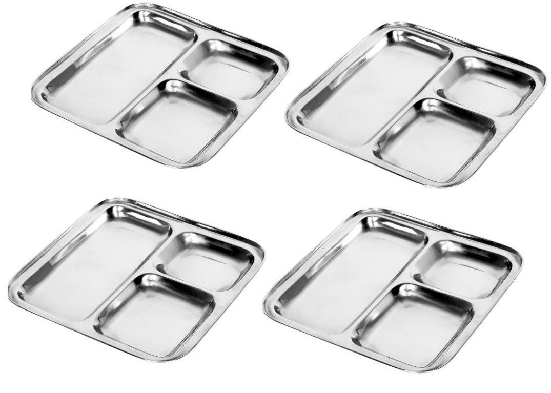 Satre Online and Marketing Square Plates Set of 4 Lunch Dinner Thali 3 Deep Compartments Stainless Steel