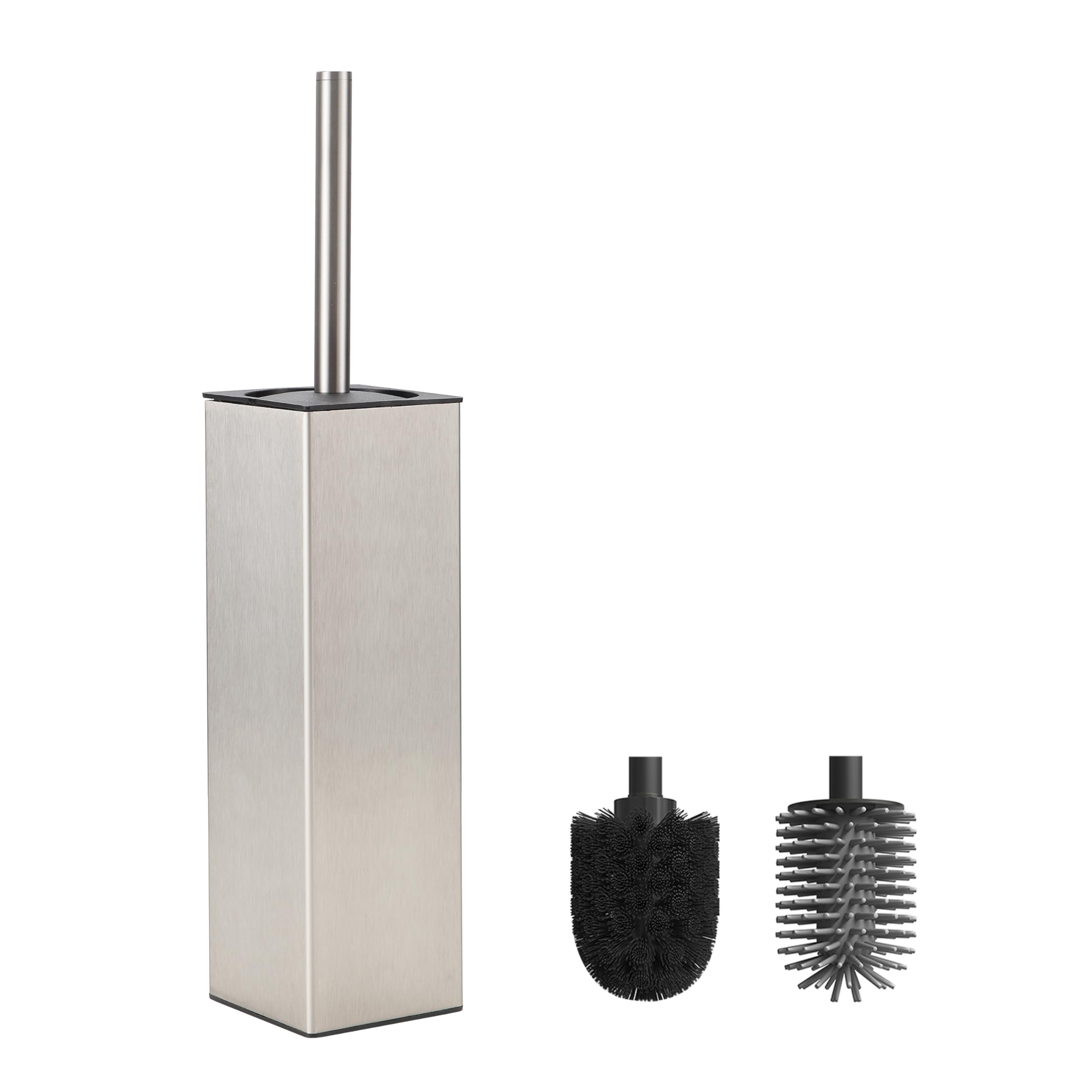 BVL Brushed Toilet Brush, Square Silicon Toilet Brush and Holder, Free Standing Toilet Brush Including 2 Quick Drying Brush Heads