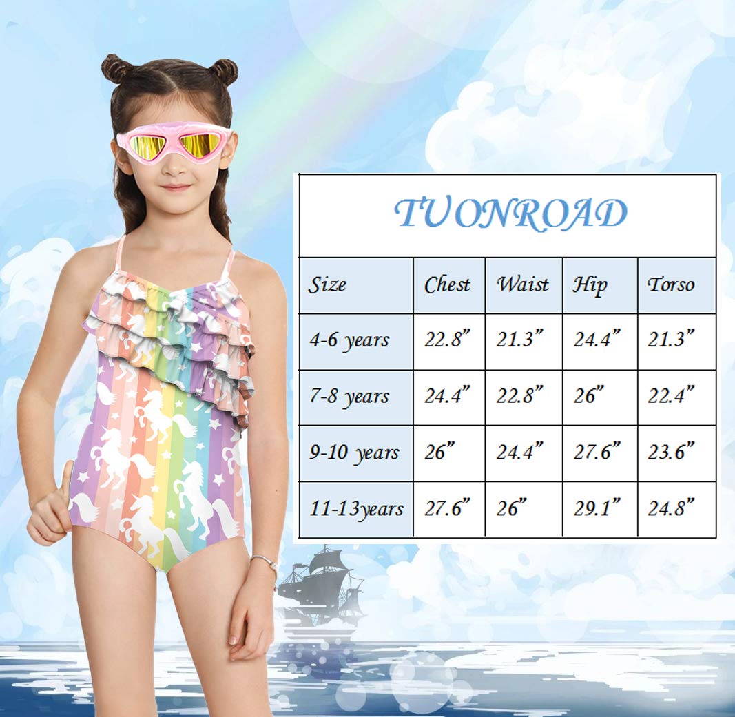 TUONROAD Infant Baby Girls Unicorn One Piece Swimsuit Fantasy Bright Color Rainbow Breathable Quick Dry 8Y 9Y 10Y Frilly Swimwear Set for Beach Bathing Bathtub(Unicorn,Large)