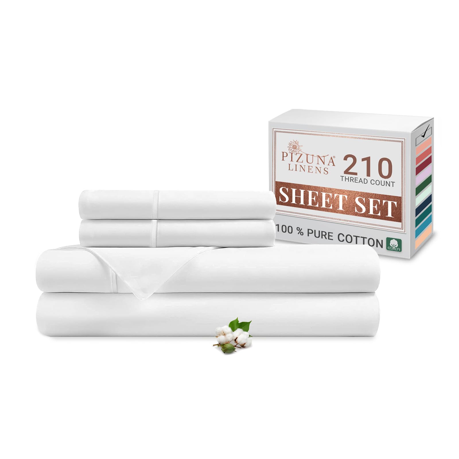Pizuna Cotton Percale King Size Sheet Set White, 100% Long Staple Combed Cotton Bedding Set 275x280 cm, Soft Percale 4 PC King Bed Sheet Set -Fitted Sheet, Flat Sheet & 2 Pillowcases