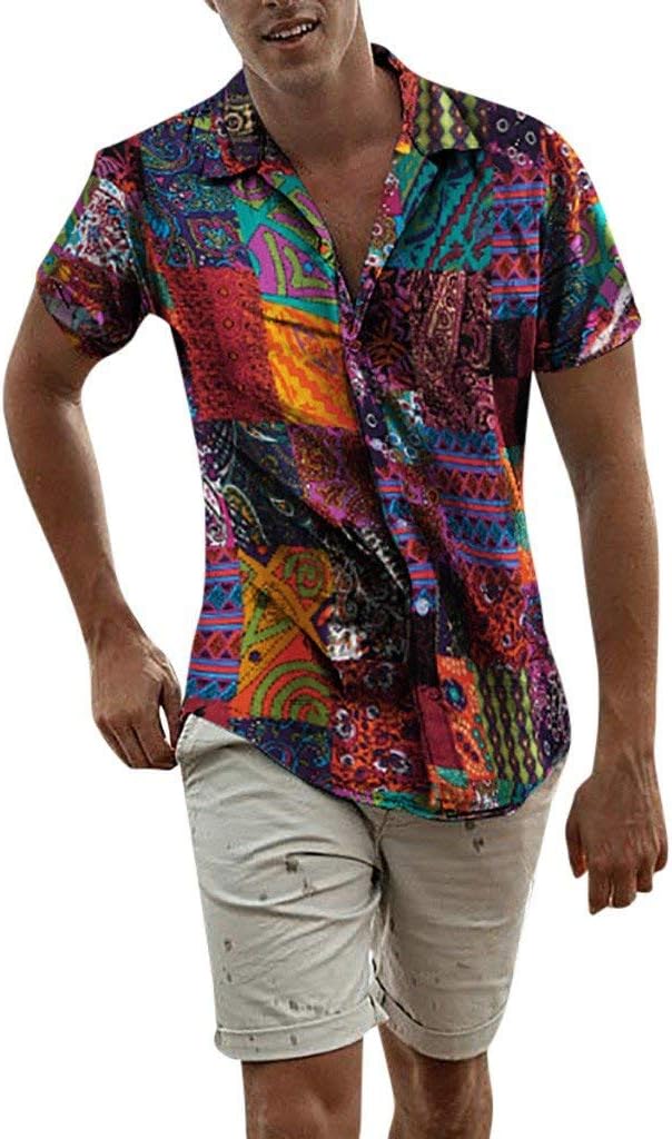 Fannyfuny Men's T-Shirt - Mens Multi Color Ethnic Printed Stand Collar Chest Pocket Short Sleeve Round Hem Loose Henley Shirts Blouse Casual Cotton Linen Hawaiian Shirt