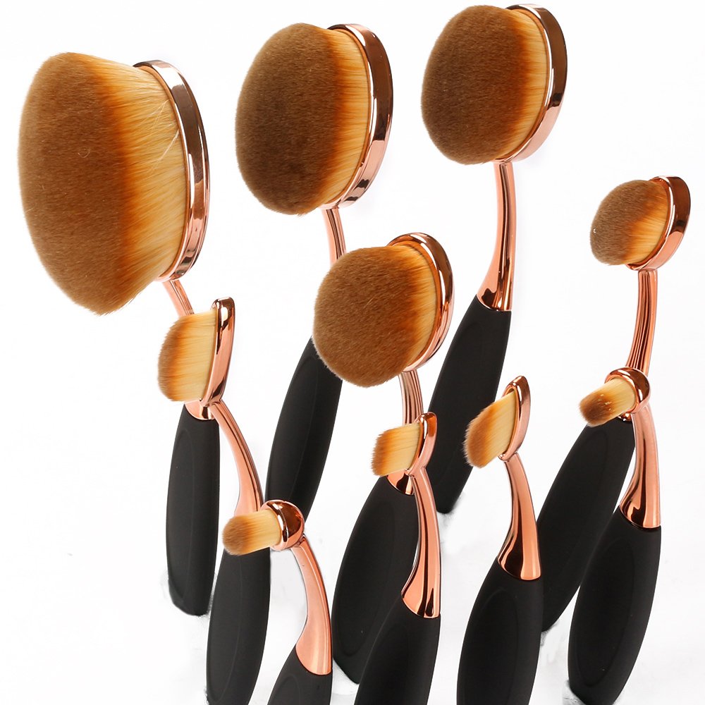 Neverland Beauty 10pcs Beauty Rose Gold & Black Toothbrush Elite Oval Make-up Brushes Set Powder Foundation Contour with Case Box