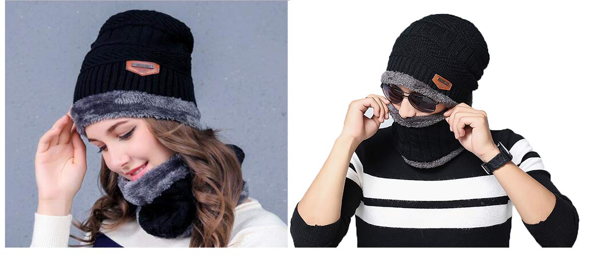 Blevla 2-Pieces Winter Beanie Hat Scarf Set Warm Knit Hat Thick Knit Skull Cap For Men Women Black