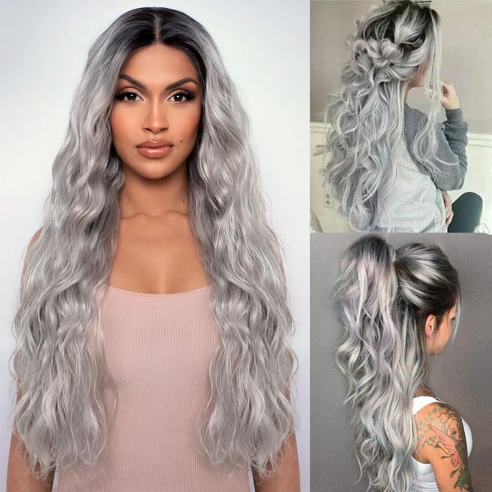 PORSMEER Long Ash Grey Blonde Wavy Curly Wigs for Women Middle Part Natural Looking Synthetic Heat Resistant Hair Ombre Wigs with Dark Roots for Ladies UK Daily or Halloween Party 30 inch โ image 1