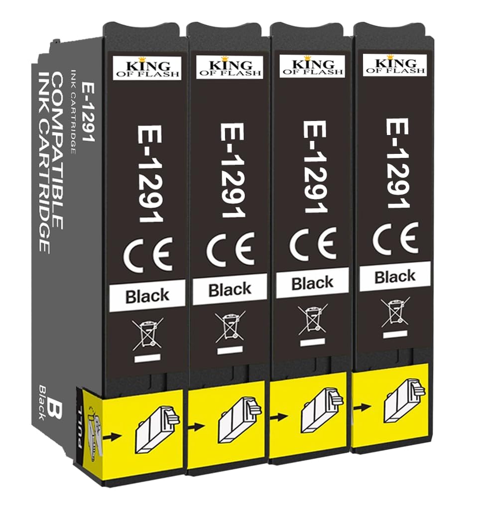 KING OF FLASH T1291 4 Black Ink Cartridges Replacement for T1291 Compatible for SX435W SX235W WF-3520 WF-3540 WF-7515 WF-7525, SX425W SX445W SX535WD SX535WD BX305FW