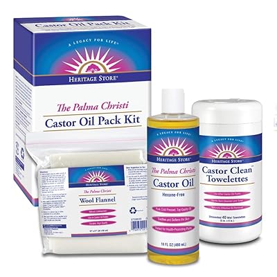 Heritage Store Castor Oil Pack | Natural &amp; Unbleached, Sewn in USA | Cold Pressed, No Hexane | Oil, Wool &amp; Towelettes | 16 oz