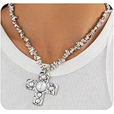 Chunky Cross Necklace for Women Gold Silver,Charm Vintage Pearl Crucifix Pendant Necklaces,Trendy Statement Large Necklace,Religious Jewelry Gifts