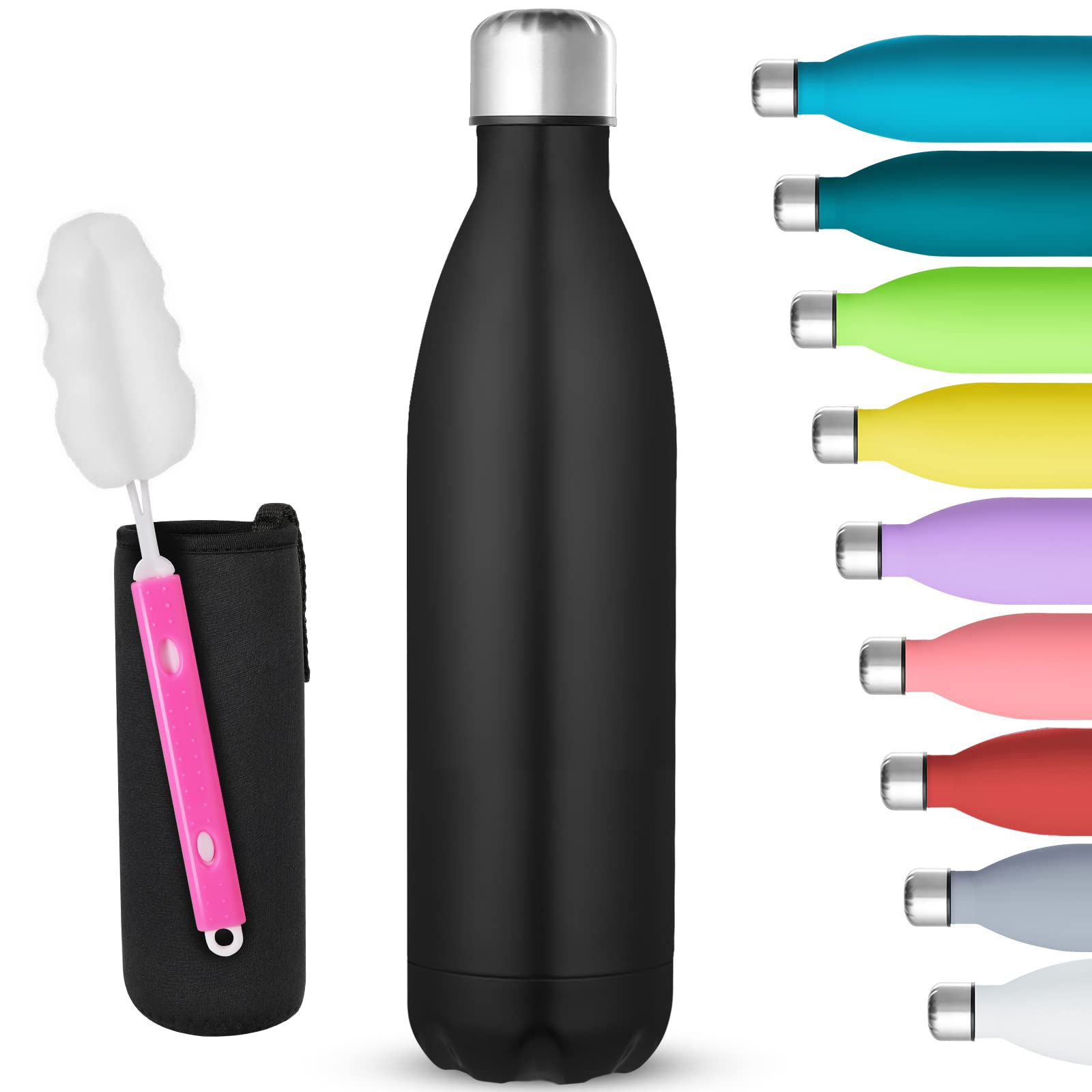 GeeRic Stainless Steel Water Bottle 750ml, Double-Walled Vacuum Insulated Metal Water Bottle 12 Hours Hot & 24 Hours Cold Drinks Cycling Bottles for Outdoor Sports Hiking Running 750ml Black