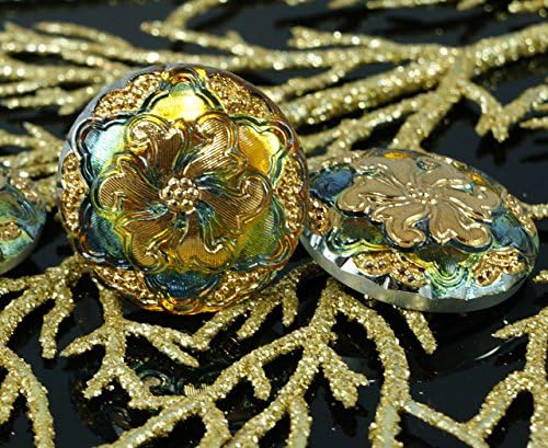 1pc Handmade Czech Glass Button Large Gold Flower Dichroic Vitrail Green Size 12, 27mm