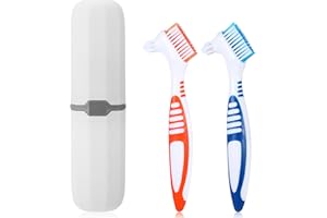 BOHUIZ 2Pcs Denture Brush, Denture Cleaning Brush Set with White Carrying Case Denture Toothbrushes with Multi-Layered Soft Bristles and Rubber Anti-Slip Handle (Blue + Orange)