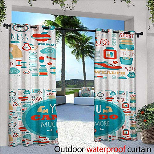 familytaste Fitness Exterior/Outside Curtains You Can Do Much More Encouraging Phrase with Gym Icons Cardio Sport Wellness for Patio Light Block Heat Out Water Proof Drape W84 x L108 Teal White Red