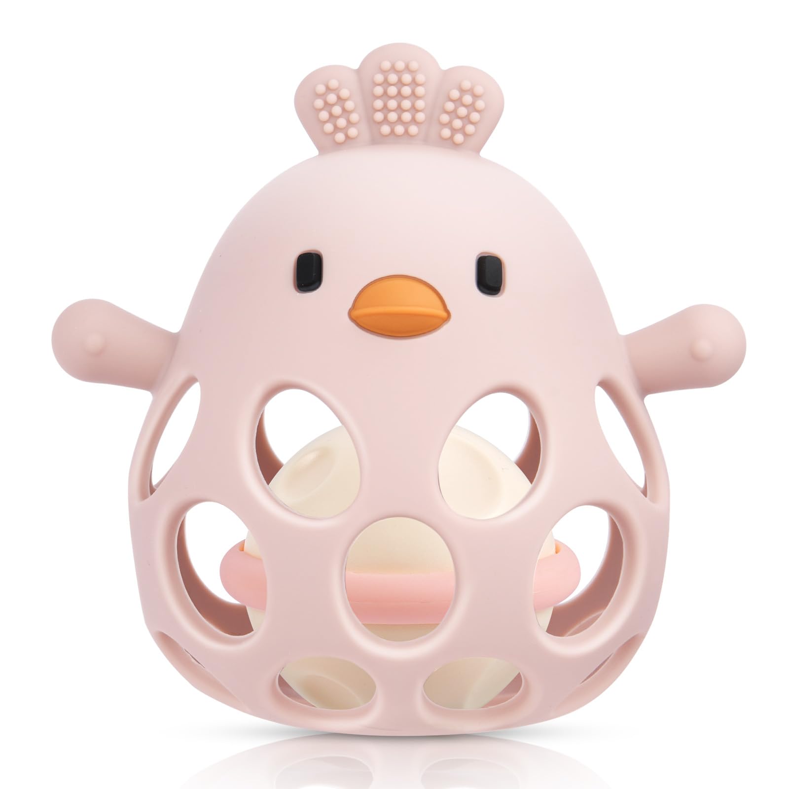 HOTUT Baby Sensory Teething Toy with Rattle,Grasping Ball,1st Boy Girl Easter Basket Gifts,Easy to Grip Soft and Safe,Silicone Relief Chew Teether,for Newborn 3 6 9 12 18 Months,Autistic Toddler