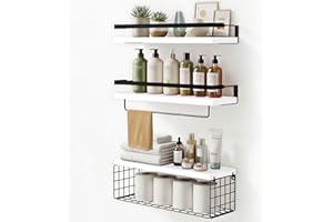 Pack of 3 Floating Shelves for Wall Bathroom Shelves Over Toilet Wall Mounted Shelf with Towel Holder & Storage Basket Rustic
