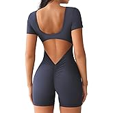 YEOREO Short Sleeve Jumpsuit for Women V Back Scrunch Butt Short Bodysuit Lizvette Open Back Workout Romper One Piece Bodycon