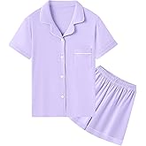 QZH.DUAO Girls & Women's Pajamas Set 100% Cotton PJ Set Button-Down Short Sleeve Sleepwear for Ages 5-14