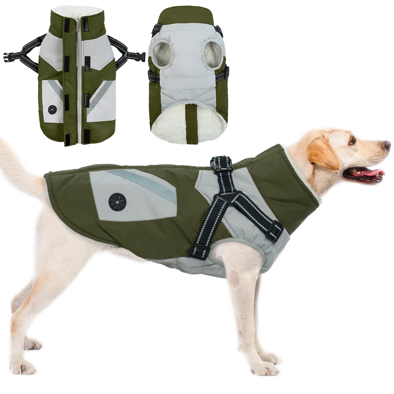 Zip Up Dog Coat Waterproof, Warm Jacket Thermal Coat Outdoor Winter Apparel for Cold Weather Dog Zipper Jacket with Plush Neckline(Army green, M)