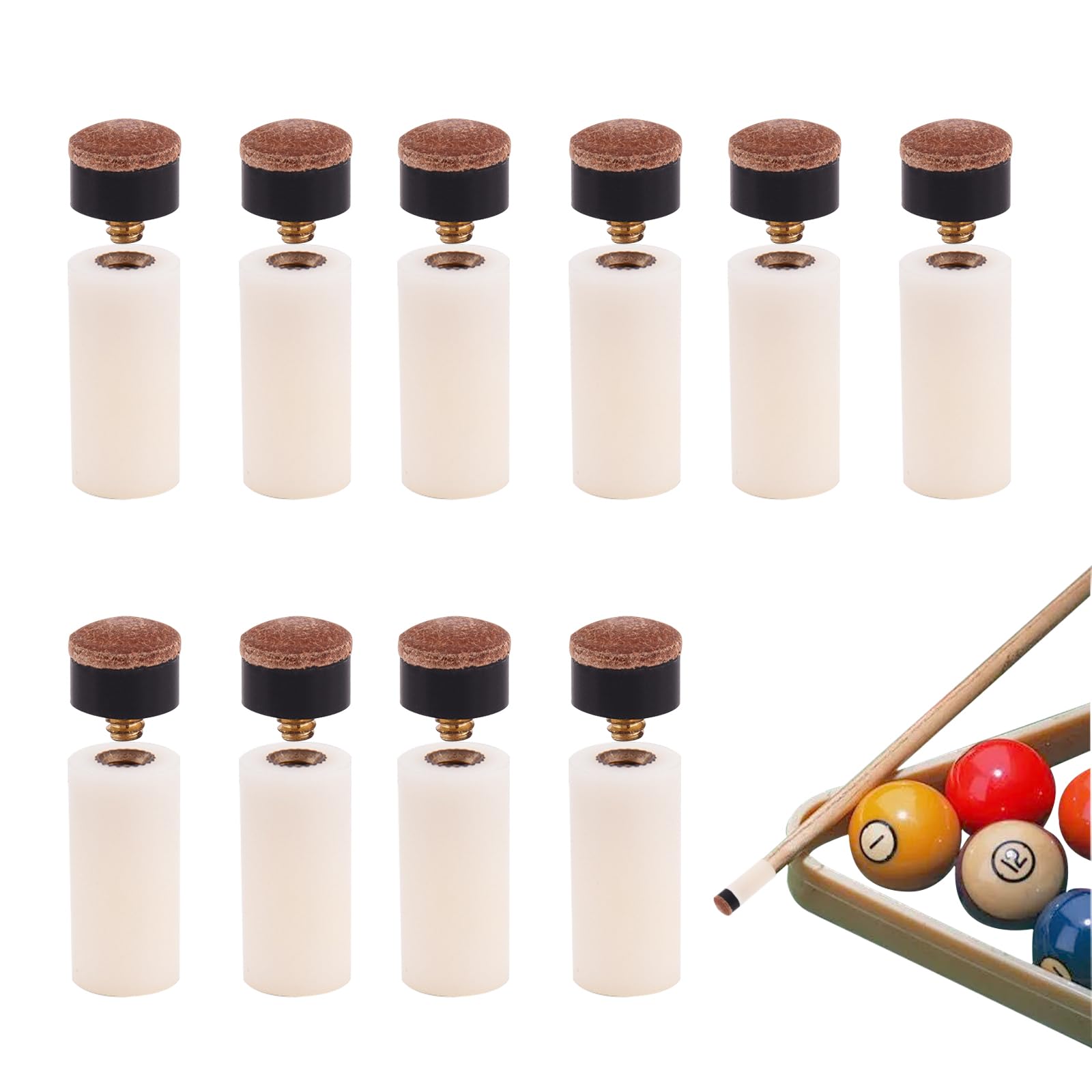 KASESSS 10 Sets Screw On Pool Cue Tips, 10mm Snooker Cue Tip Replacement, Hard Leather Snooker Tips and Plastic Pool Cue Stick Ferrules Billiard Accessories for Pool Leisure Sports Game Room Clubs