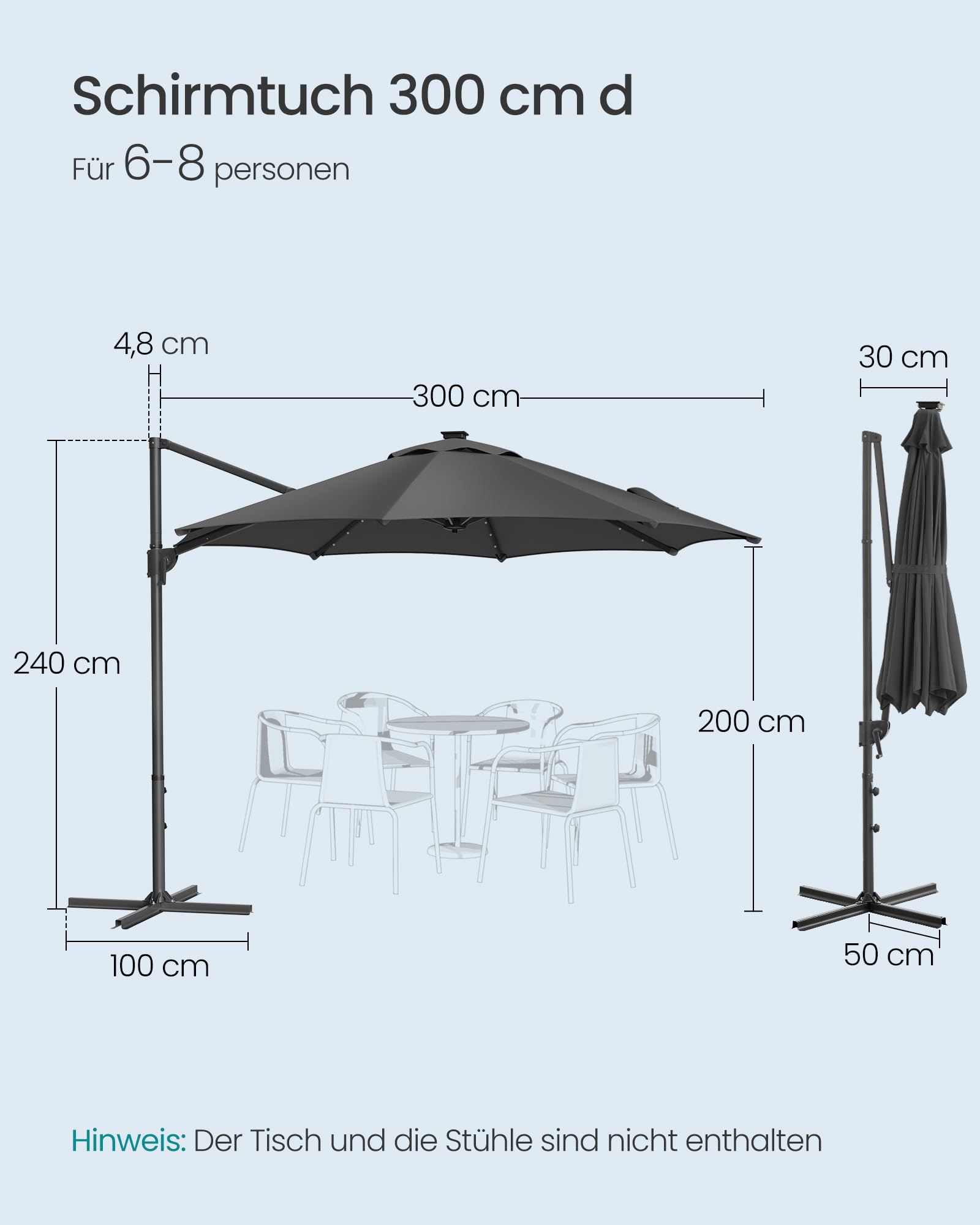 SONGMICS Sonnenschirm, Ampelschirm, 300 cm, 28 Solar-LED-Leuchten, UPF 50+, Gartenschirm, um 360° drehbar, Neigungswinkel stufenlos verstellbar, mit Kurbel, Kreuzfuß, grau GPU047G02 3