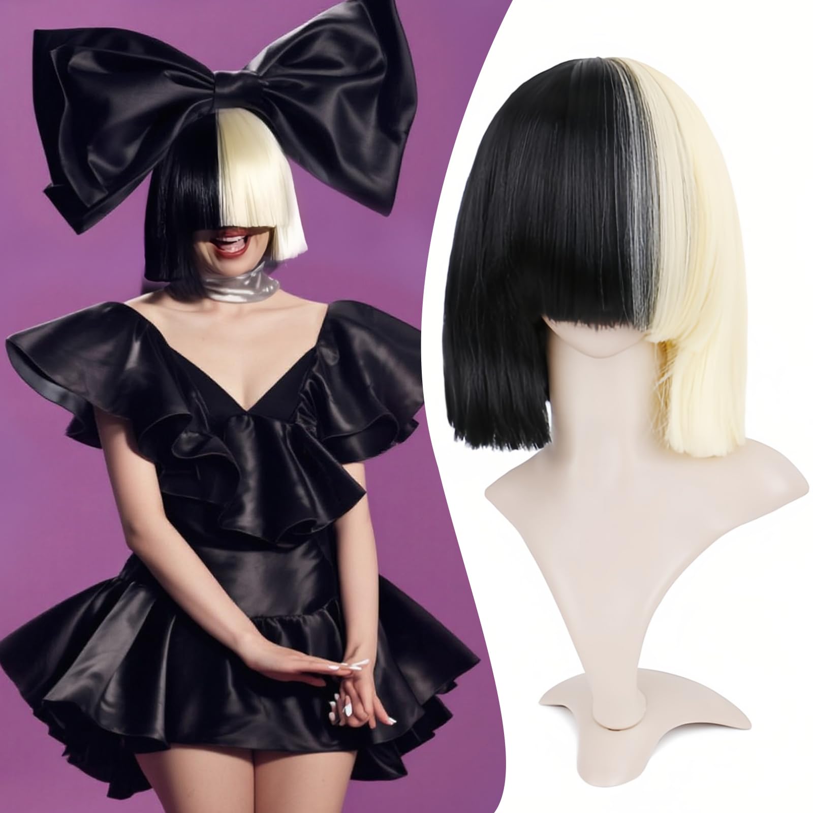 QUEENTAS Black and Blonde Wigs Short Bob Wig for Women,Synthetic Straight Wig, Heat Resistant, Modern Style, Perfect for Cosplay, Parties & Halloween Costume