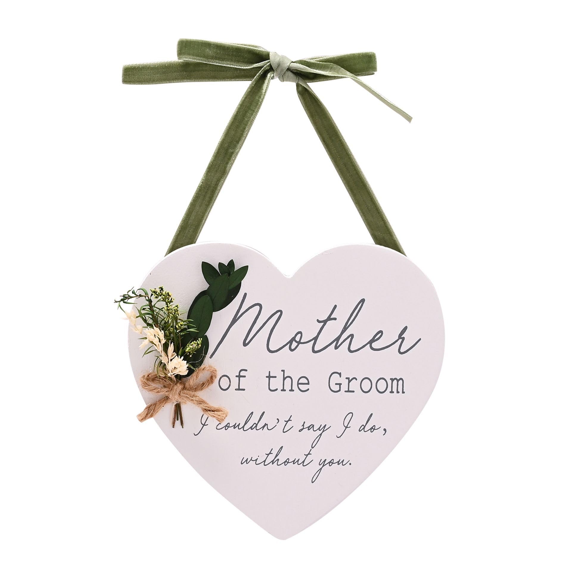 Widdop & Co. - Love Story - Mother Of The Groom Heart Hanging Wooden Plaque with Green Velvet Ribbon - Wedding Keepsake Gifting for Special Memories, Home Decor, Gifting, Presents & Best Friends.