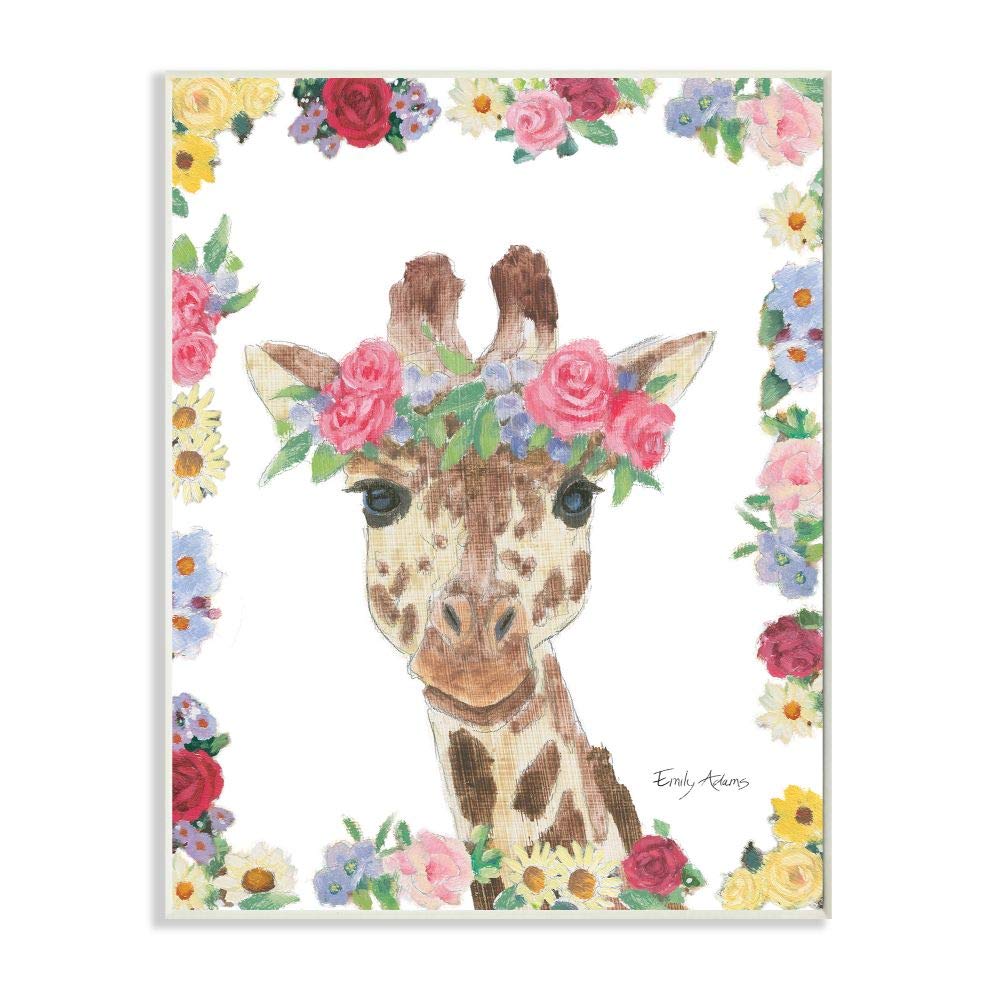 The Stupell Home Decor Collection Flower Friends Giraffe Oversized Wall Plaque Art, Wood, Multi-Colour, 13 x 19