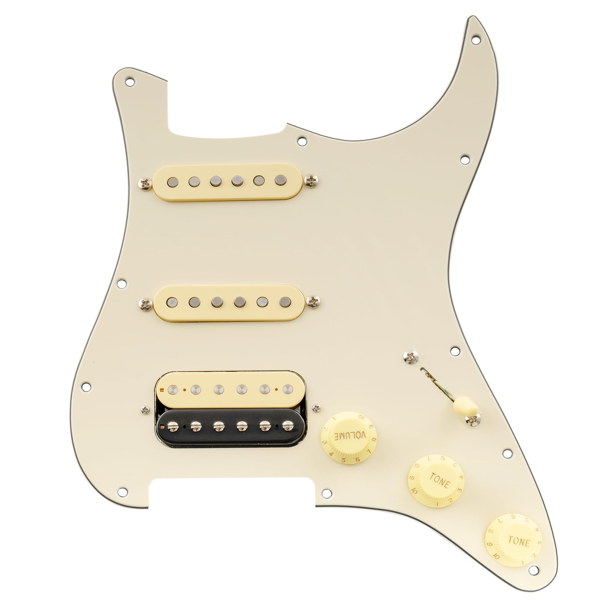 Musiclily Pro Auto-Split Pre-wired Standard HSS Pickguard with Artec Pickups Alnico 5 Magnet for ST Style Electric Guitar, 3ply Cream