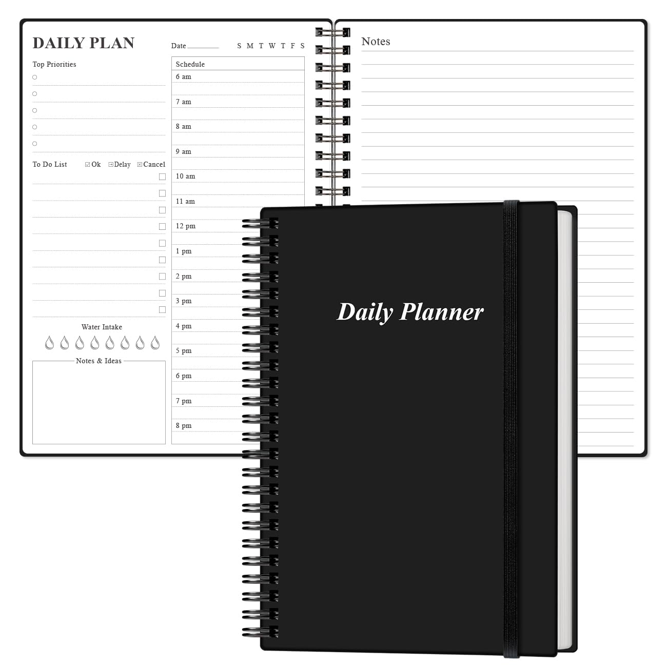 Daily Planner Undated - A5 To Do List Notebook Hourly Schedules, Spiral Appointment Planner for Women and Men, PVC Hardcover, Inner Pocket, Elastic Closure, 5.8" x 8.5", Black โ image 1