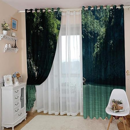 Ligahui Rideaux Occultant Bleu Vert Et Paysage 2xl110xh215 Cm Reducteur De Bruit Decoration Chambre Rideaux Thermique Isolant A Oeillets Pour Enfant 2 Pieces Amazon Fr Cuisine Maison