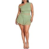 SweatyRocks Women's Plus Size 2 Piece Outfits Off The Shoulder Crop Mesh Top and Ruffle Skirt Sets