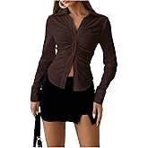 SOLY HUX Women's Button Down Ruched Blouse Long Sleeve Shirts Slim Fit Aesthetic Tops