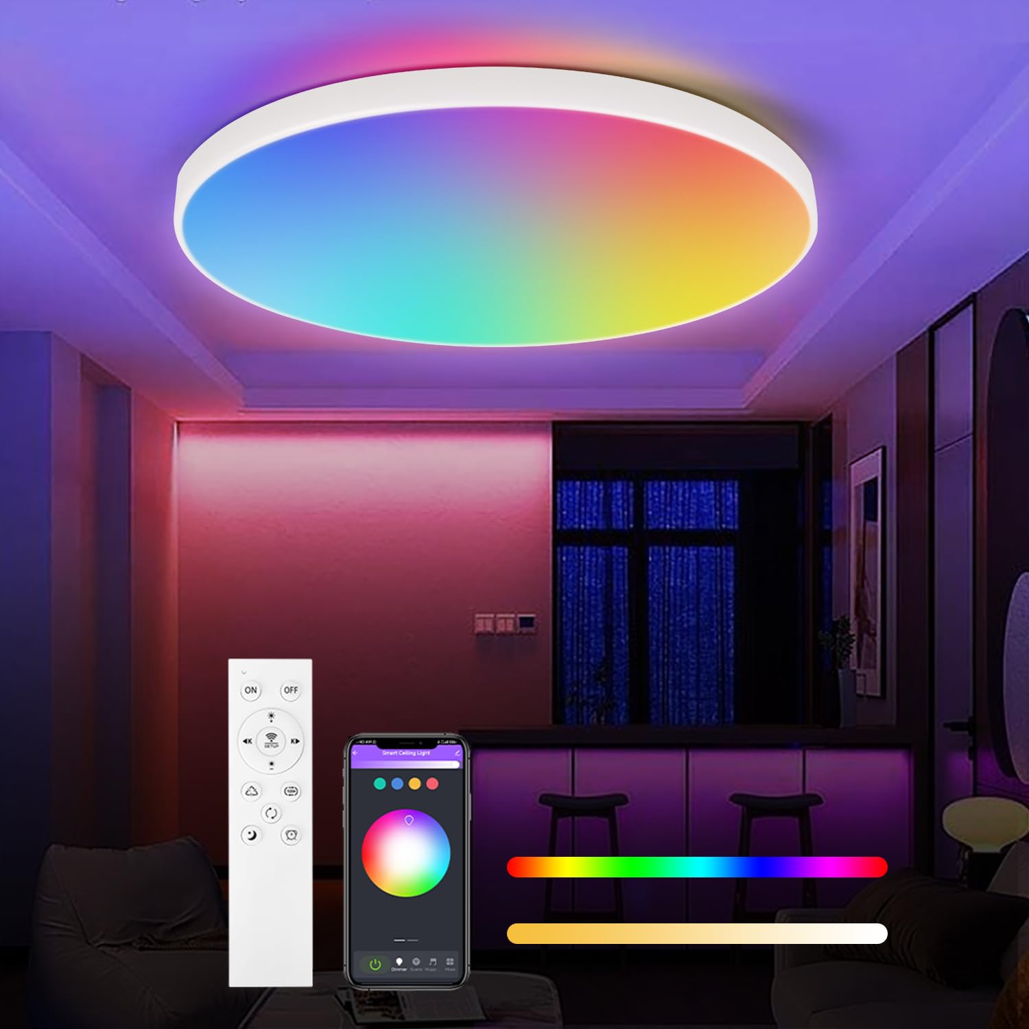 SILAMPDI Led Ceiling Light Tuya Control 24W IP44 Waterproof Bathroom Lights Fitting Smart Ceiling Light Dimmable with Remote Control 1700LM Led Lights for Bedroom Kitchen Living Room