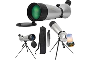 FETCHFALCON Fetch Falcon Spotting Scope 20-60X80 FMC HD BAK4 (Long Range Spotting, Water-Resistant) with Metal Tripod, Carry Bag, Phone Holder (HD 20-60X80 Silver)