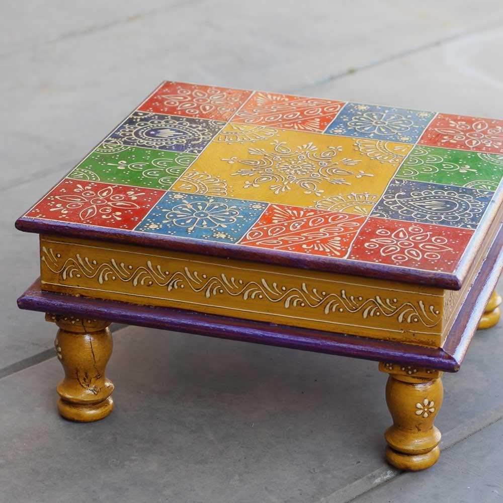 Indune Lifestyle Hand Painted Wood Chowki for Pooja/Home (Multi_12 Inch X 12 Inch X 7 Inch)