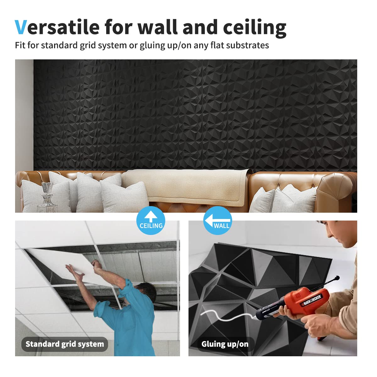 Art3d 33 Stück 3D Wandpaneele Diamant 30 x 30 cm matt schwarz, Hochsteifes PVC, Dauerhaft, Nicht Verformbar, Wasserfest, Hitzebeständig, Geruchsneutral 7