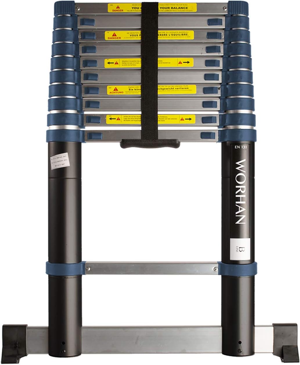 WORHAN® 3.2m (10' 5'') Single Telescopic Extendable Multipurpose Aluminium Ladder with Stabilizer Robust Step Ladder (.3.2m B-line) 1K3.2B