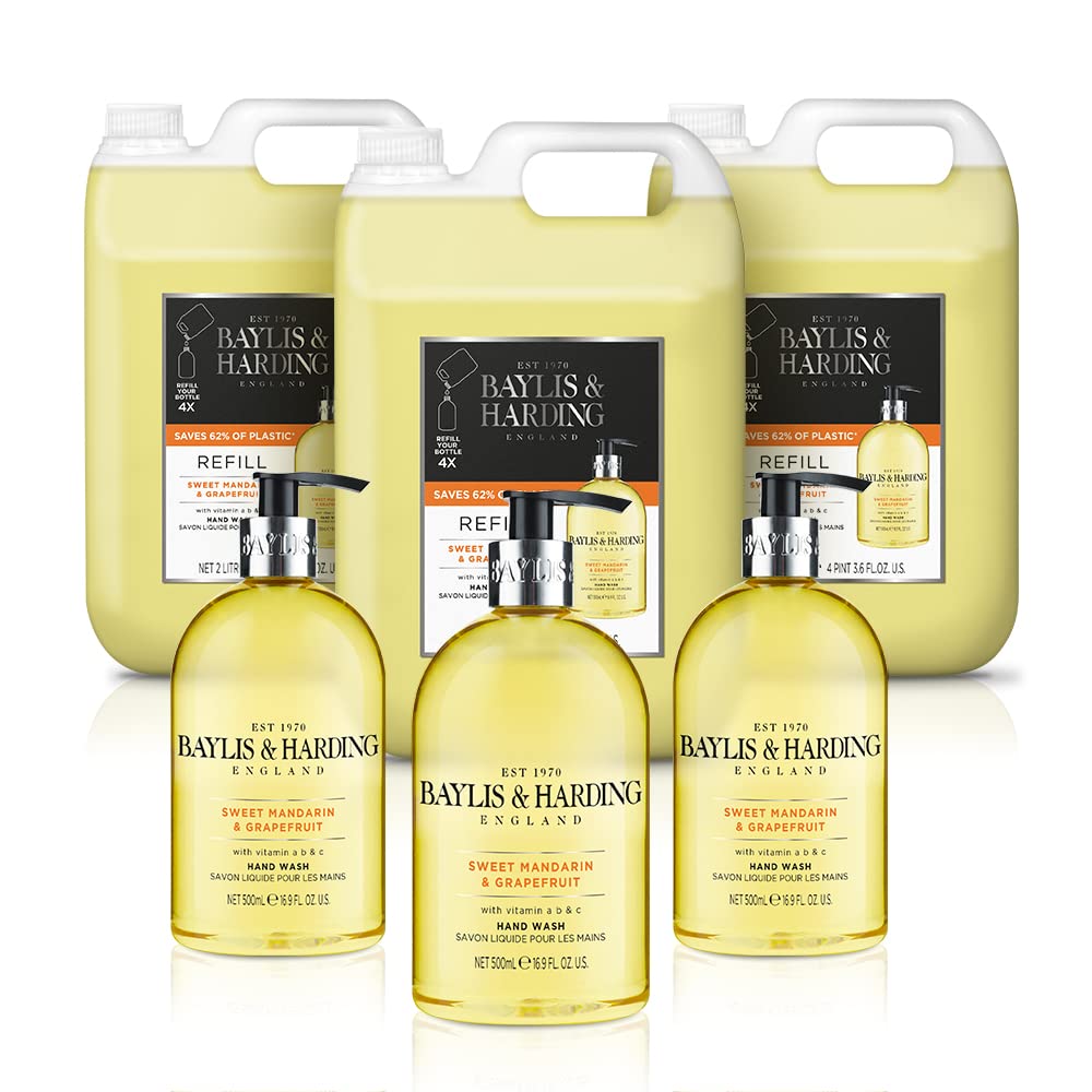 Baylis & Harding Sweet Mandarin & Grapefruit Hand Wash Bundle - 3 x 500 ml & 3 x 2 Litre Refills (6 products) - Vegan Friendly