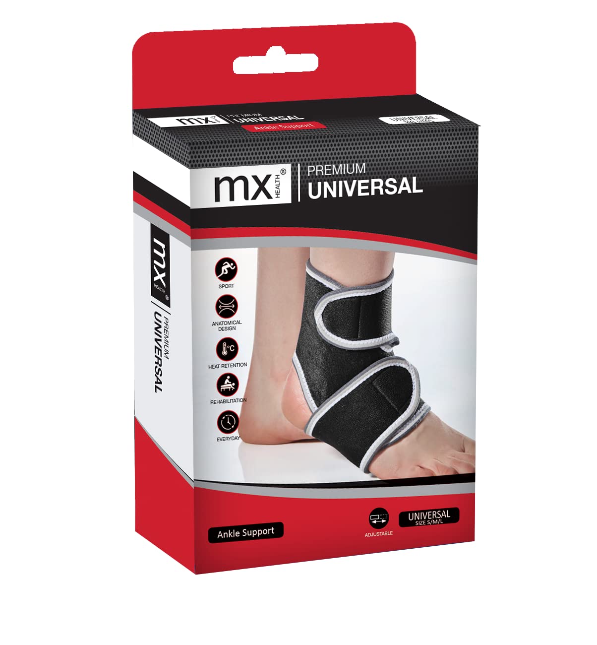 MX Health Ankle Support/Brace - Premium Neoprene Brace - Adjustable Universal Size for Small/Medium/Large (S/M/L)